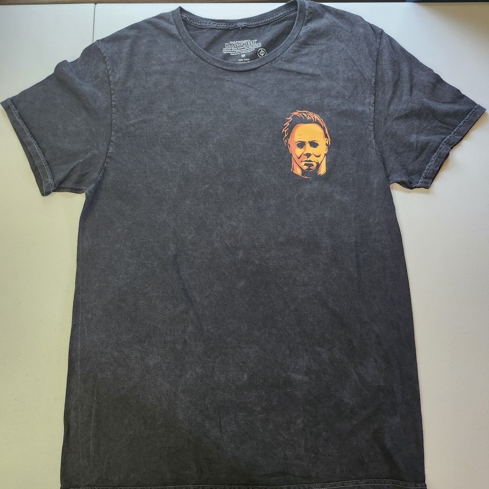 Halloween Michael Myers Mineral Wash Graphic T-Shirt Mens Medium Black Orange